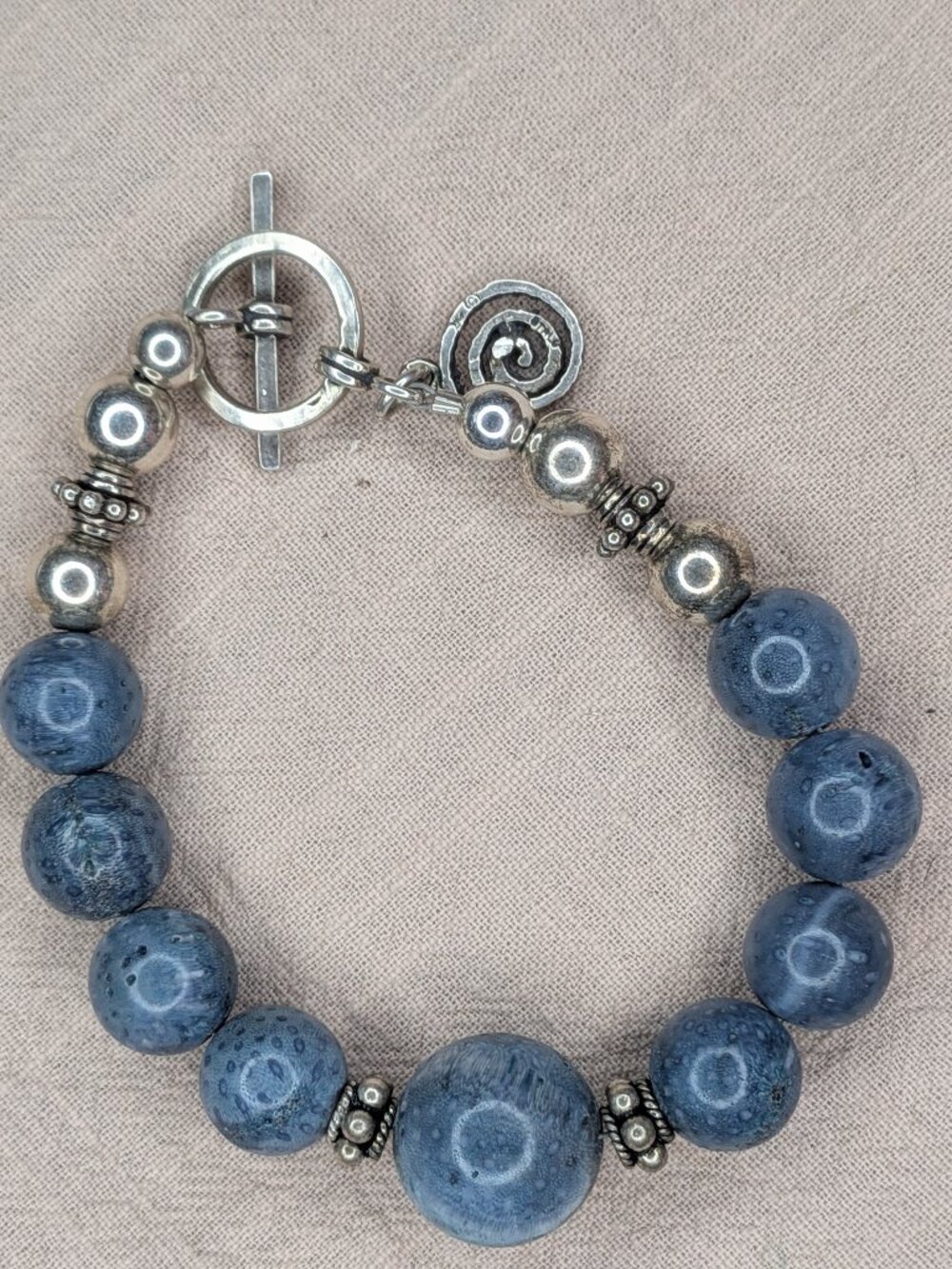 925 Sterling Silver Blue Coral Beaded Bracelet Toggle Clasp Artisan Boho 7"